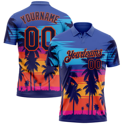 Custom Electric Blue Navy-Orange 3D Pattern Design Hawaii Palm Trees Performance Golf Polo Shirt