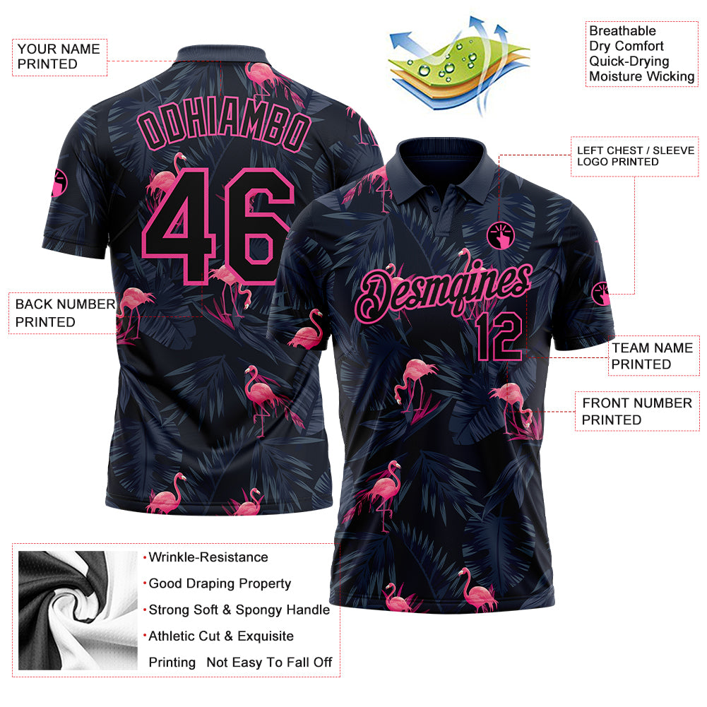 Custom Black Pink 3D Pattern Design Flamingo Performance Golf Polo Shirt