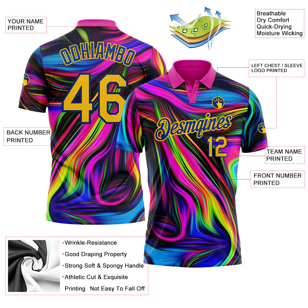 Custom Deep Pink Yellow-Royal 3D Pattern Design Abstract Colorful Psychedelic Fluid Art Performance Golf Polo Shirt