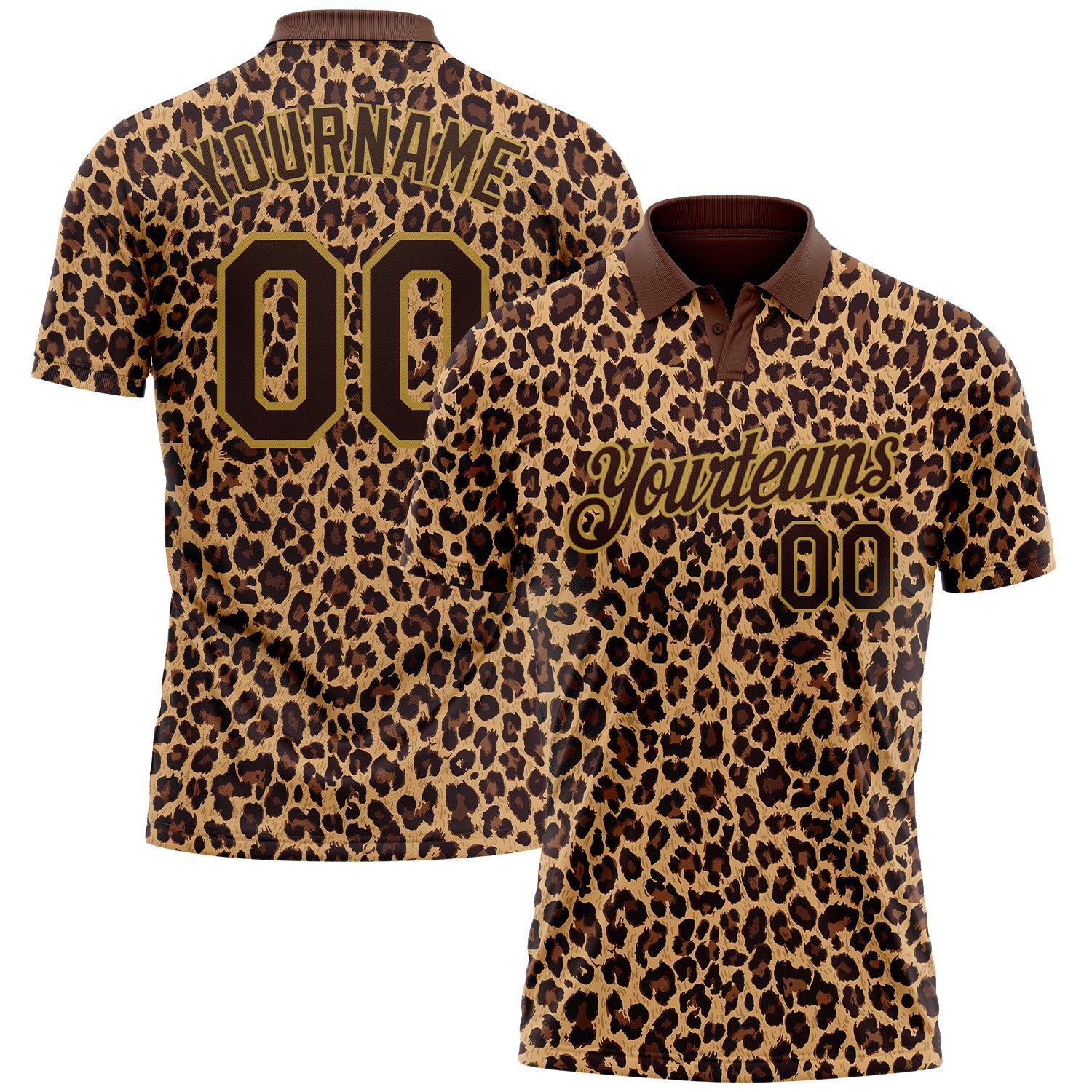 Custom Brown Old Gold 3D Pattern Design Leopard Print Performance Golf Polo Shirt