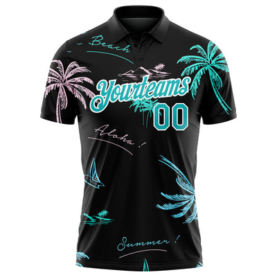 Custom Black Teal-White 3D Pattern Design Hawaii Palm Trees Performance Golf Polo Shirt