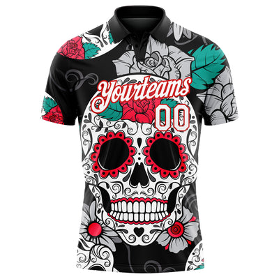 Custom Black White-Red 3D Skull Fashion Performance Golf Polo Shirt