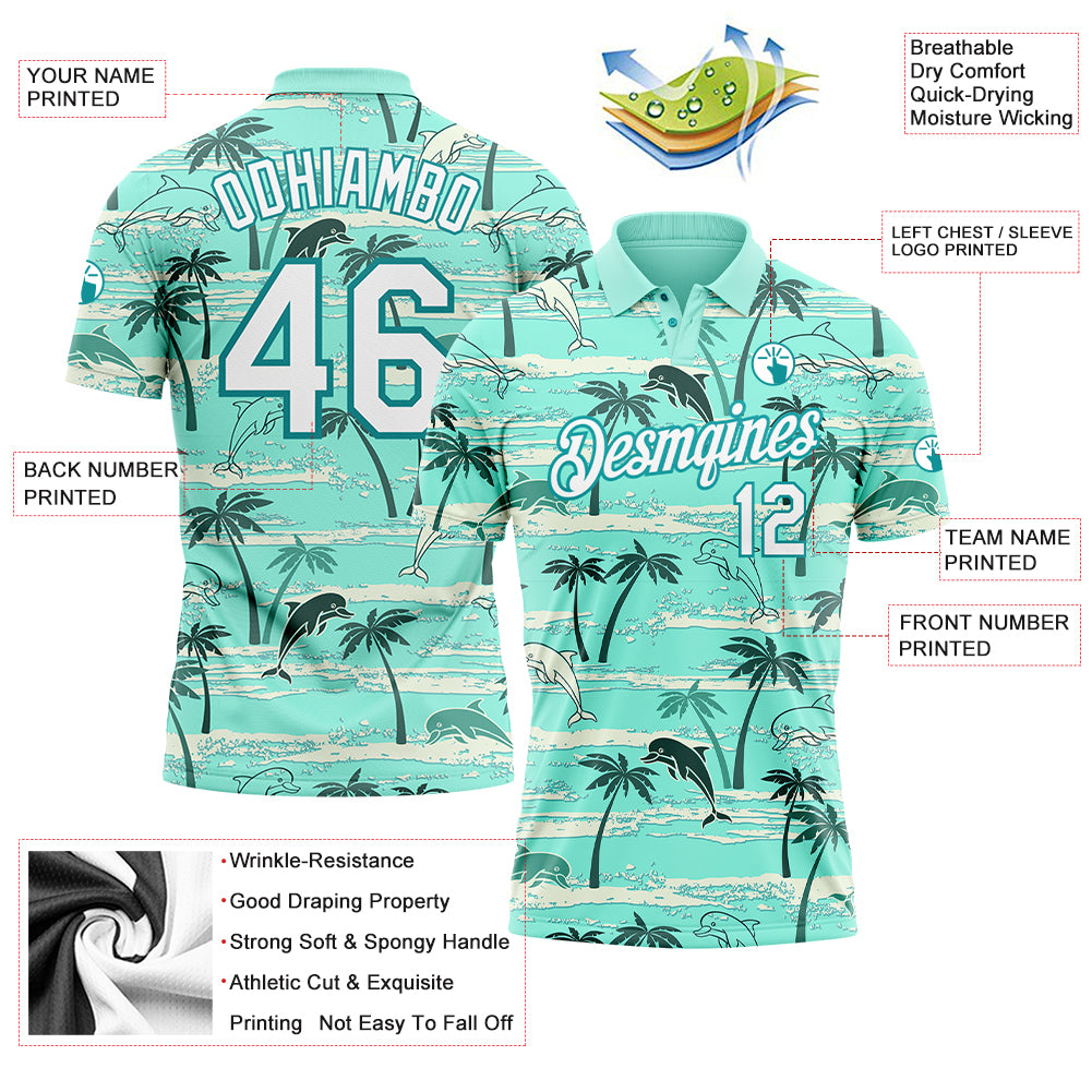 Custom Teal White 3D Pattern Design Hawaii Palm Trees Performance Golf Polo Shirt