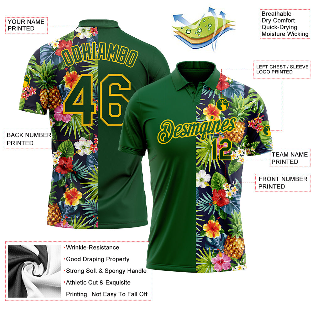 Custom Green Yellow 3D Pattern Design Tropical Pattern With Pineapples Palm Leaves And Flowers Performance Golf Polo Shirt