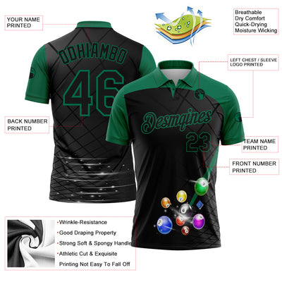 Custom Black Kelly Green 3D Pattern Design Billiards Performance Polo Shirt