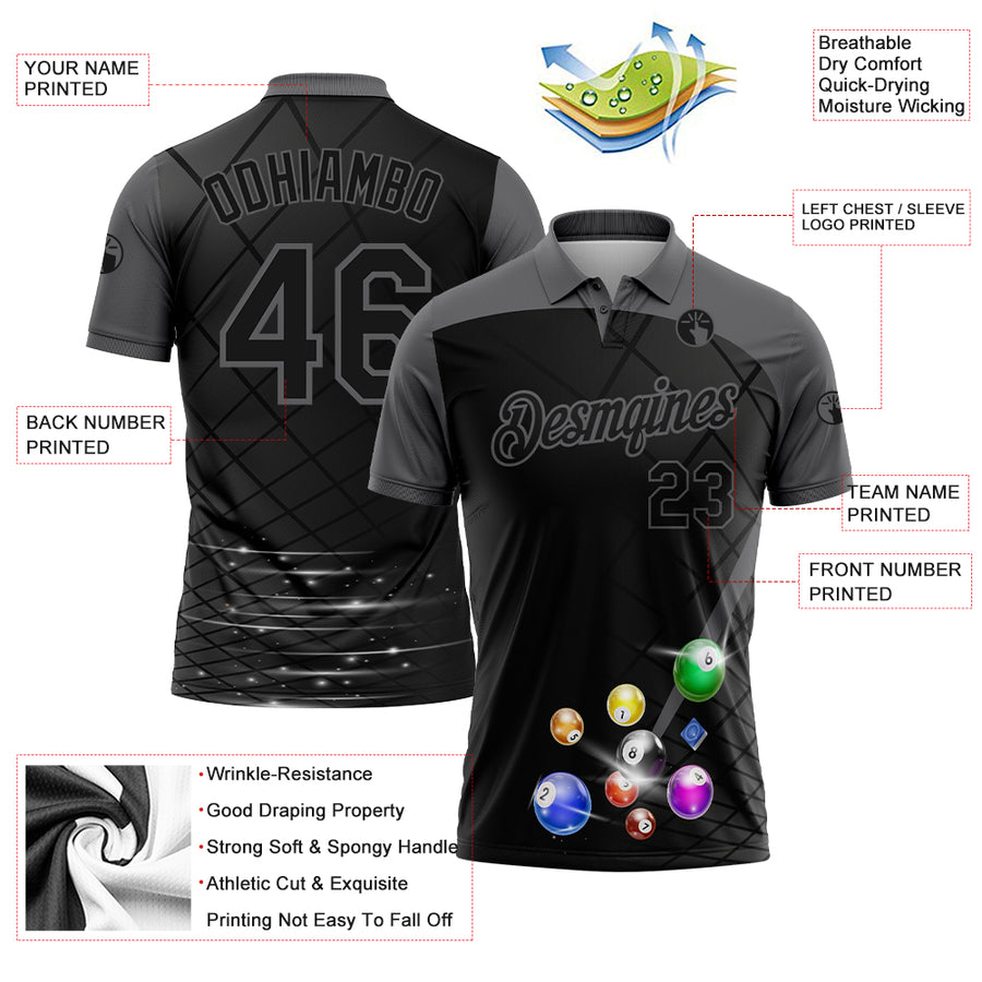 Custom Black Gray 3D Pattern Design Billiards Performance Polo Shirt