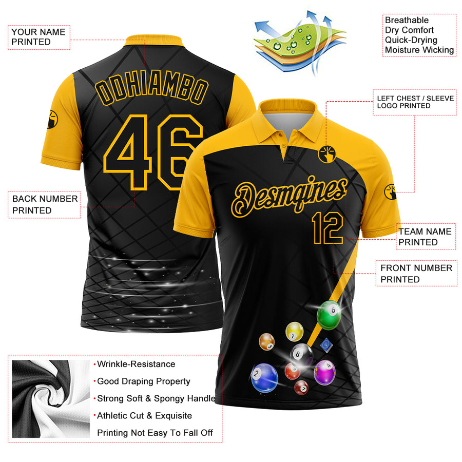 Custom Black Yellow 3D Pattern Design Billiards Performance Polo Shirt