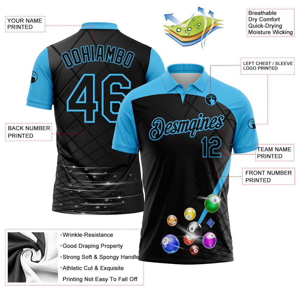 Custom Black Sky Blue 3D Pattern Design Billiards Performance Polo Shirt