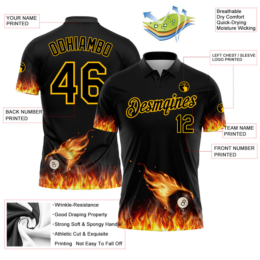 Custom Black Yellow 3D Pattern Design Flame Billiards 8 Ball Performance Polo Shirt