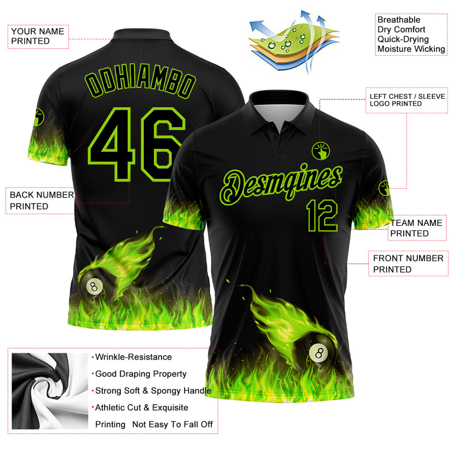 Custom Black Neon Green 3D Pattern Design Flame Billiards 8 Ball Performance Polo Shirt