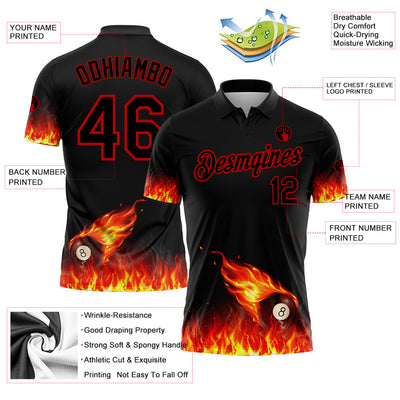 Custom Black Red 3D Pattern Design Flame Billiards 8 Ball Performance Polo Shirt