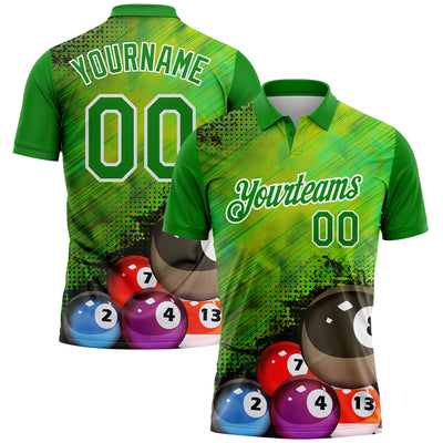 Custom Neon Green White 3D Pattern Design Billiards Performance Polo Shirt