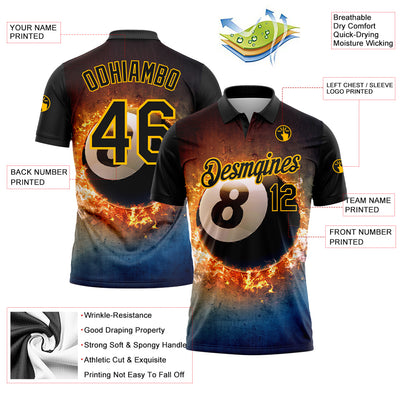 Custom Black Gold 3D Pattern Design Flame Billiards 8 Ball Performance Polo Shirt