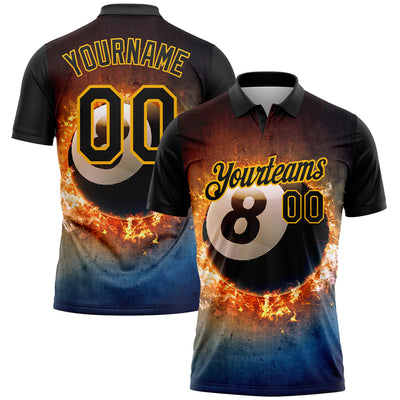 Custom Black Gold 3D Pattern Design Flame Billiards 8 Ball Performance Polo Shirt