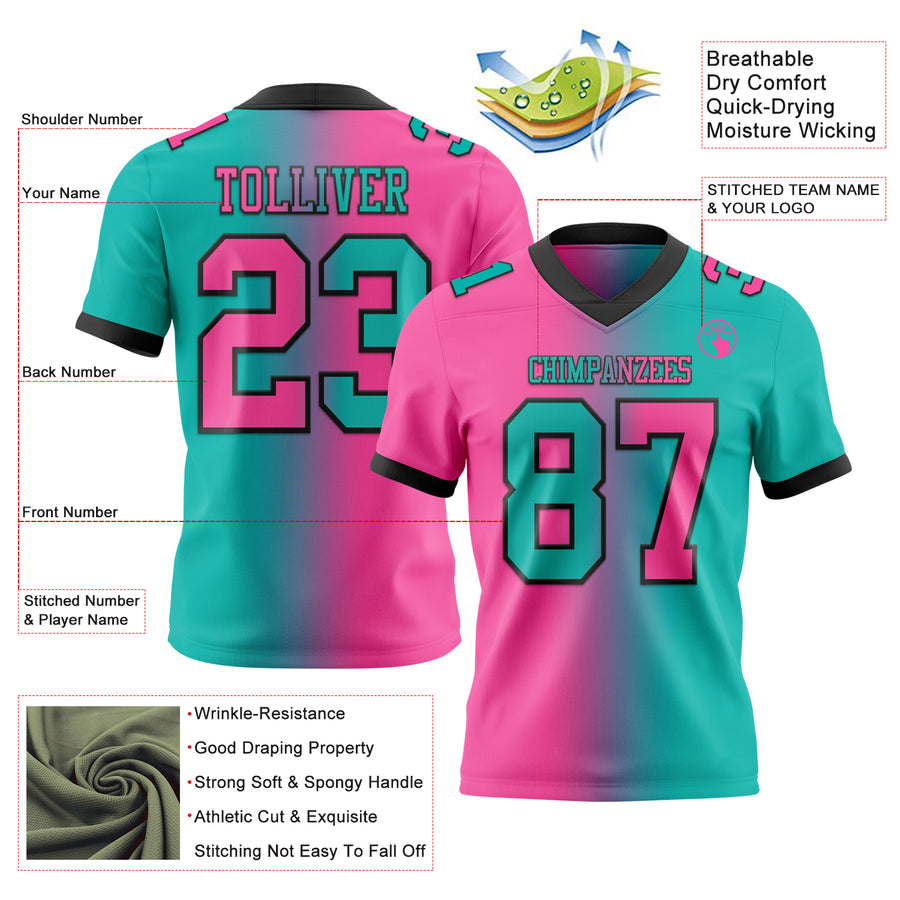 Custom Aqua Pink-Black Mesh Authentic Gradient Fashion Football Jersey