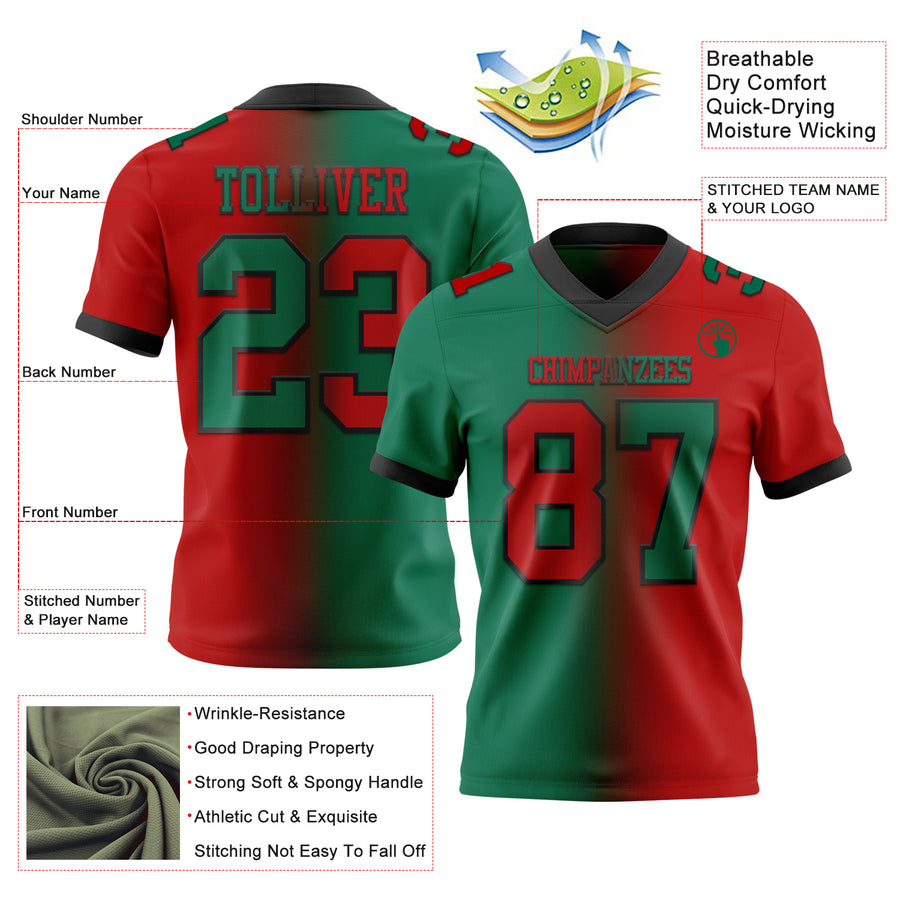 Custom Red Kelly Green-Black Mesh Authentic Gradient Fashion Football Jersey