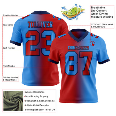 Custom Powder Blue Red-Navy Mesh Authentic Gradient Fashion Football Jersey