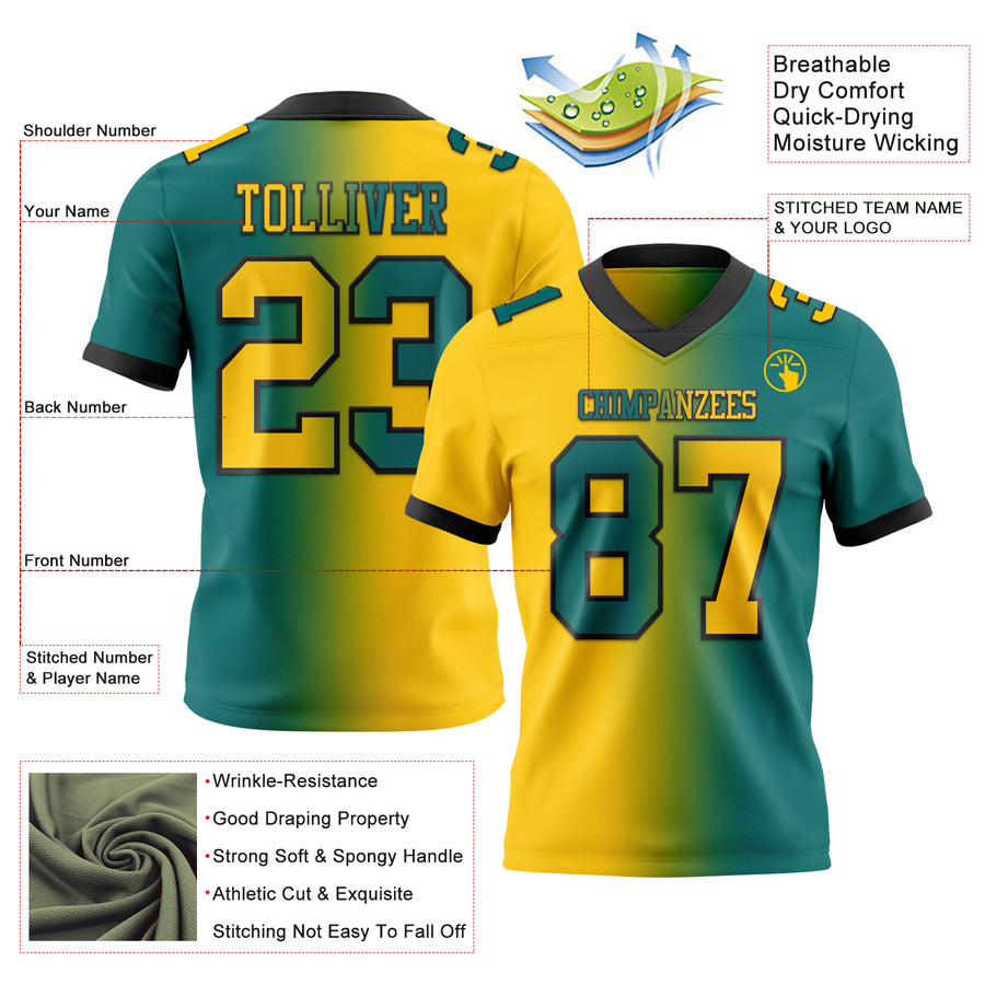 Custom Teal Yellow-Black Mesh Authentic Gradient Fashion Football Jersey