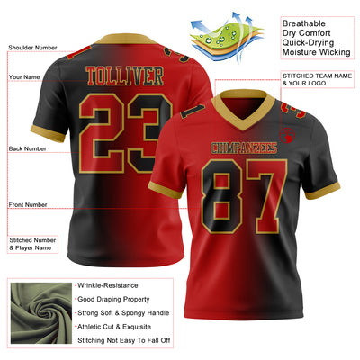 Custom Black Red-Old Gold Mesh Authentic Gradient Fashion Football Jersey