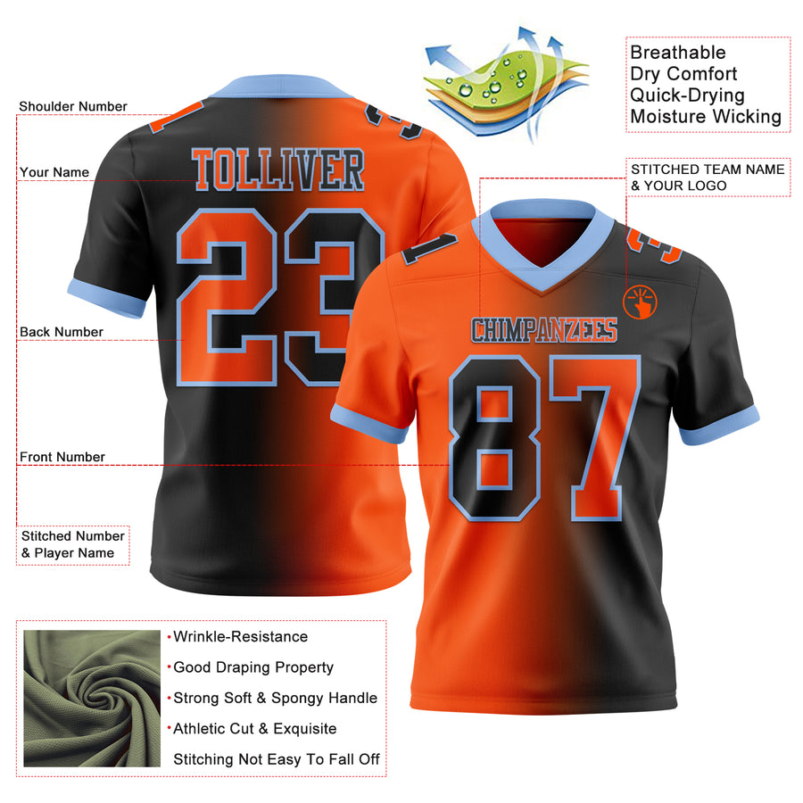 Custom Black Orange-Light Blue Mesh Authentic Gradient Fashion Football Jersey