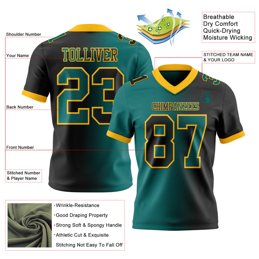 Custom Black Teal-Gold Mesh Authentic Gradient Fashion Football Jersey