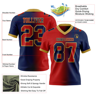 Custom Navy Red-Old Gold Mesh Authentic Gradient Fashion Football Jersey