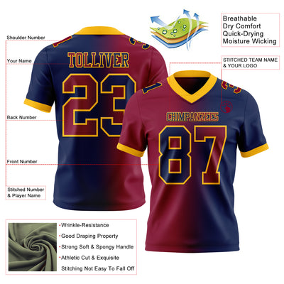 Custom Navy Maroon-Gold Mesh Authentic Gradient Fashion Football Jersey