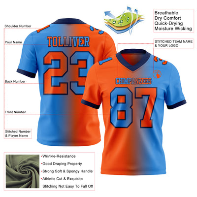 Custom Powder Blue Orange-Navy Mesh Authentic Gradient Fashion Football Jersey