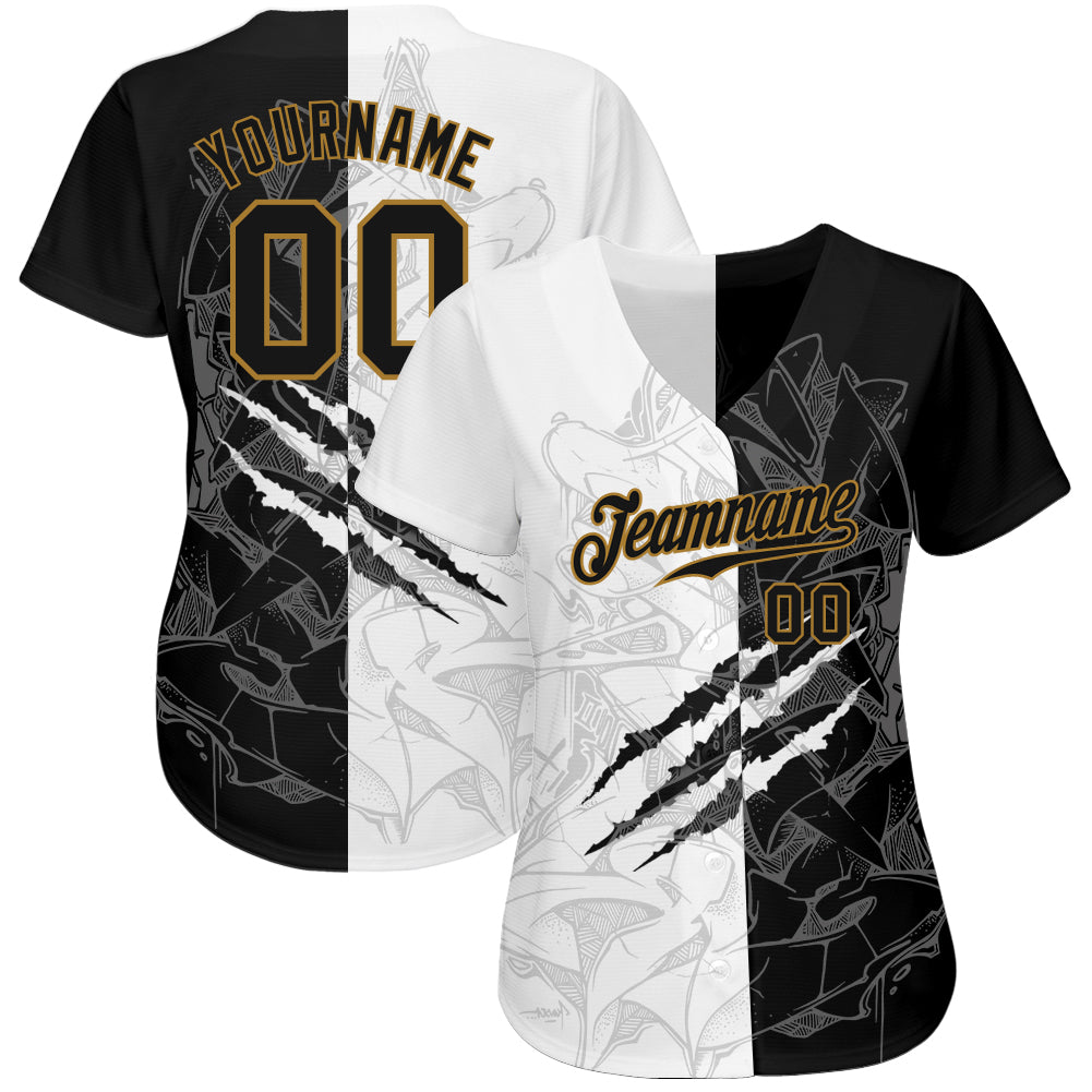 Custom Graffiti Pattern Black-Old Gold 3D Authentic Baseball Jersey