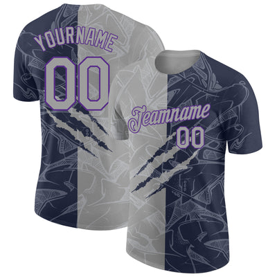 Custom Graffiti Pattern Gray Navy-Purple Scratch 3D Performance T-Shirt