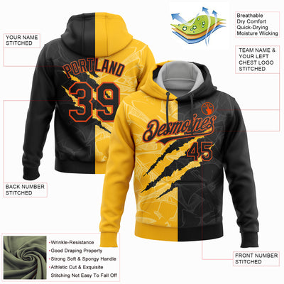 Custom Stitched Graffiti Pattern Black Gold-Orange 3D Scratch Sports Pullover Sweatshirt Hoodie