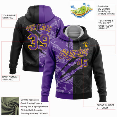 Custom Stitched Graffiti Pattern Black Purple-Gold 3D Scratch Sports Pullover Sweatshirt Hoodie