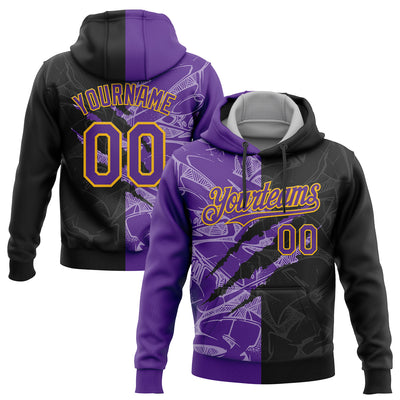 Custom Stitched Graffiti Pattern Black Purple-Gold 3D Scratch Sports Pullover Sweatshirt Hoodie