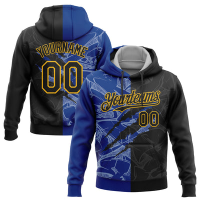 Custom Stitched Graffiti Pattern Black Royal-Gold 3D Scratch Sports Pullover Sweatshirt Hoodie