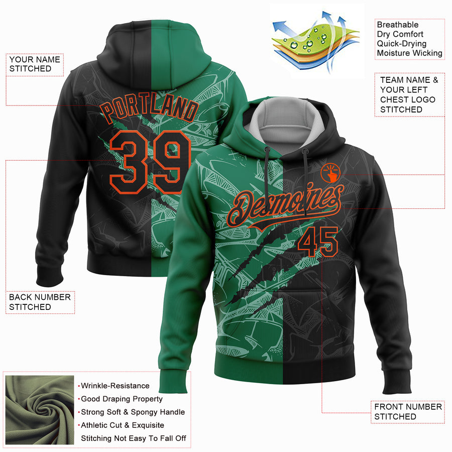 Custom Stitched Graffiti Pattern Black Kelly Green-Orange 3D Scratch Sports Pullover Sweatshirt Hoodie