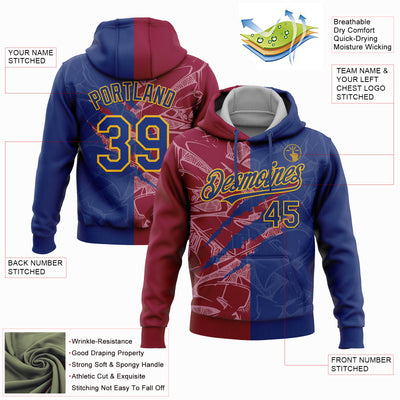 Custom Stitched Graffiti Pattern Royal Maroon-Gold 3D Scratch Sports Pullover Sweatshirt Hoodie