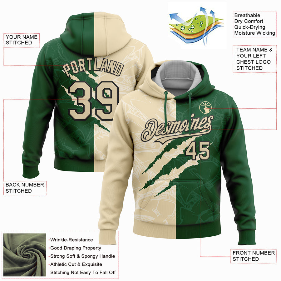 Custom Stitched Graffiti Pattern Cream Green-Black 3D Scratch Sports Pullover Sweatshirt Hoodie