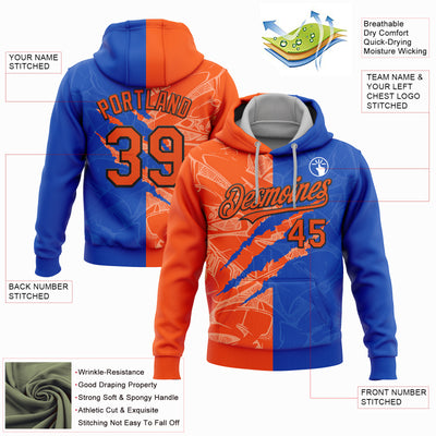 Custom Stitched Graffiti Pattern Orange Thunder Blue-Black 3D Scratch Sports Pullover Sweatshirt Hoodie