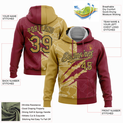 Custom Stitched Graffiti Pattern Old Gold Crimson-Black 3D Scratch Sports Pullover Sweatshirt Hoodie