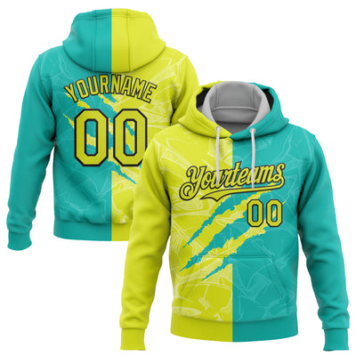 Custom Stitched Graffiti Pattern Neon Yellow Aqua-Black 3D Scratch Sports Pullover Sweatshirt Hoodie