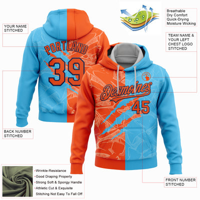 Custom Stitched Graffiti Pattern Orange Sky Blue-Black 3D Scratch Sports Pullover Sweatshirt Hoodie