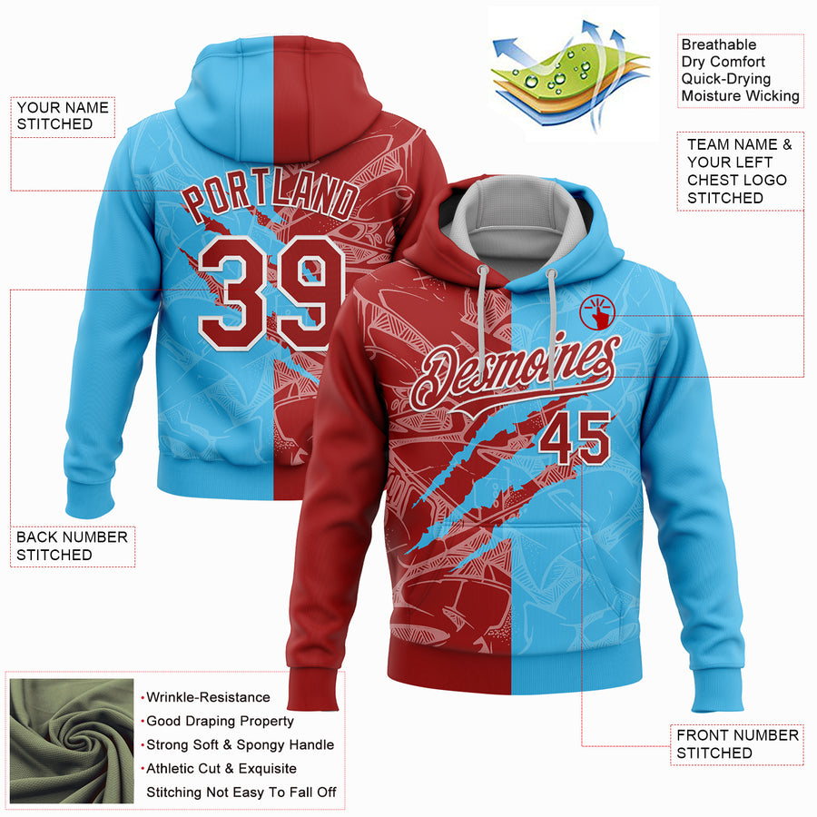 Custom Stitched Graffiti Pattern Red Sky Blue-White 3D Scratch Sports Pullover Sweatshirt Hoodie