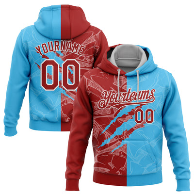 Custom Stitched Graffiti Pattern Red Sky Blue-White 3D Scratch Sports Pullover Sweatshirt Hoodie