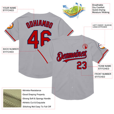 Custom Gray Red-Navy Mesh Authentic Throwback Baseball Jersey