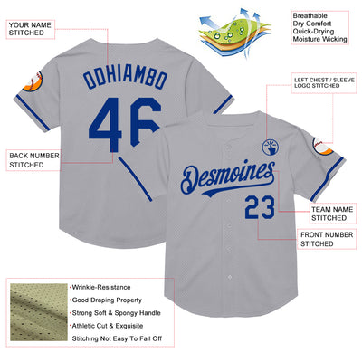 Custom Gray Royal Mesh Authentic Throwback Baseball Jersey