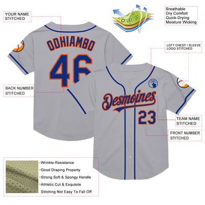 Custom Gray Royal-Orange Mesh Authentic Throwback Baseball Jersey