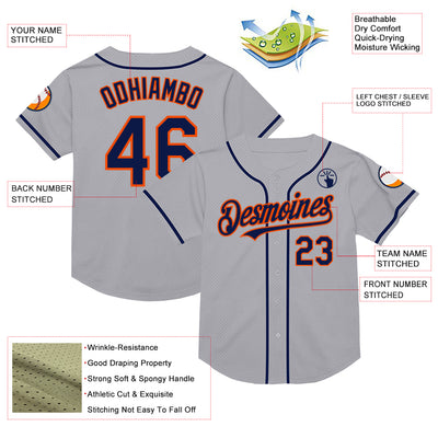 Custom Gray Navy-Orange Mesh Authentic Throwback Baseball Jersey