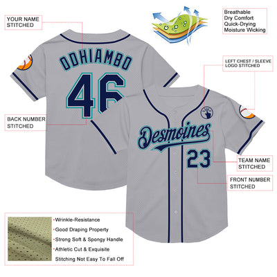 Custom Gray Navy-Teal Mesh Authentic Throwback Baseball Jersey