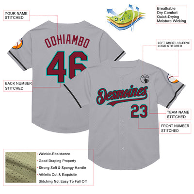 Custom Gray Crimson Black-Aqua Mesh Authentic Throwback Baseball Jersey