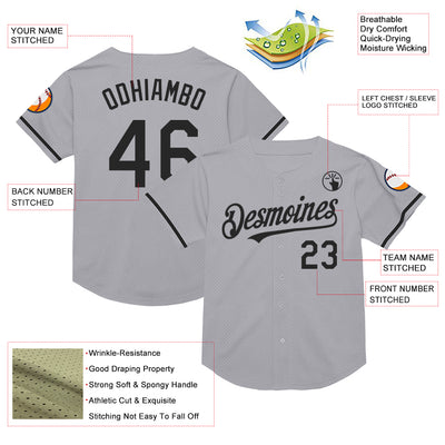 Custom Gray Black Mesh Authentic Throwback Baseball Jersey